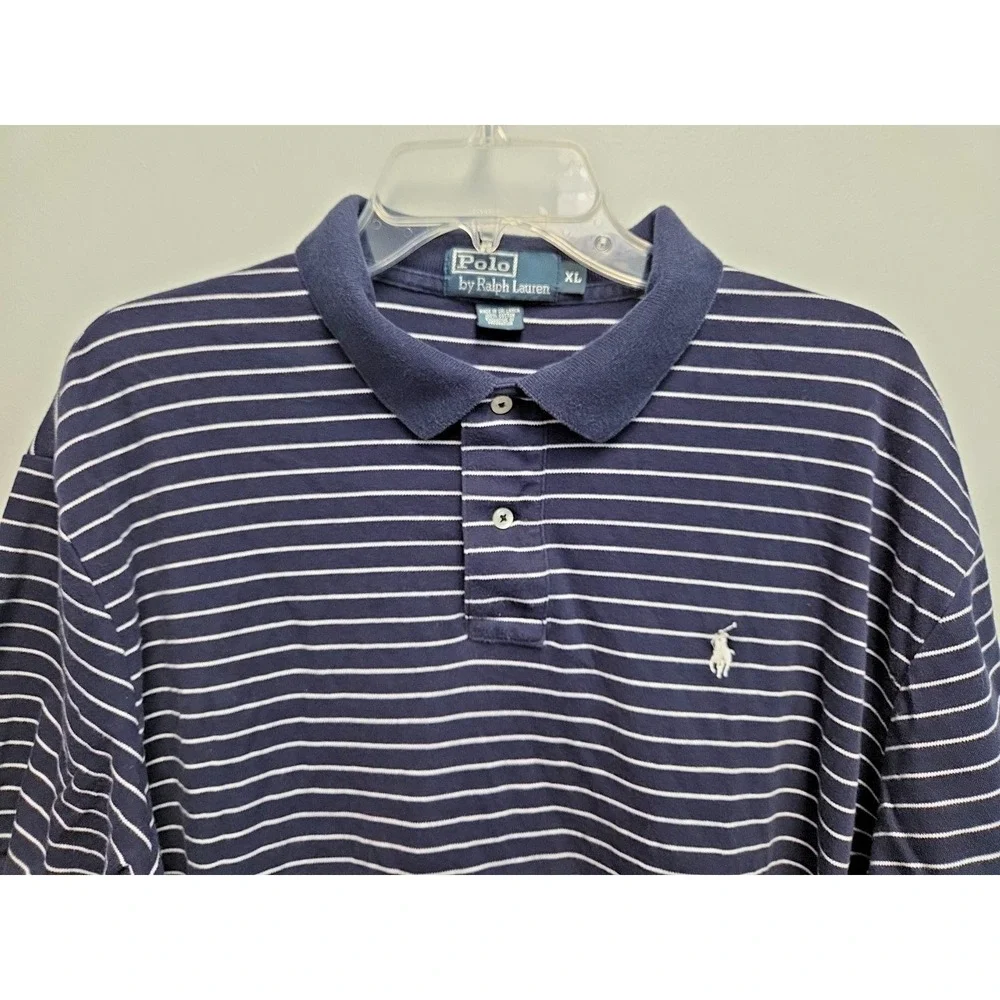 Polo Ralph Lauren Mens XL Striped Polo SS Shirt Navy Cotton White Pony Logo